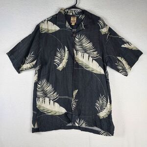Tommy Bahama Mens Silk Hawaiian Shirt M Dark Navy Palm Leaf Print Button Front